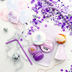 Purple pastel balloon and macaron birthday table decor for celebration from Parte Haus party supply store in Bethesda MD