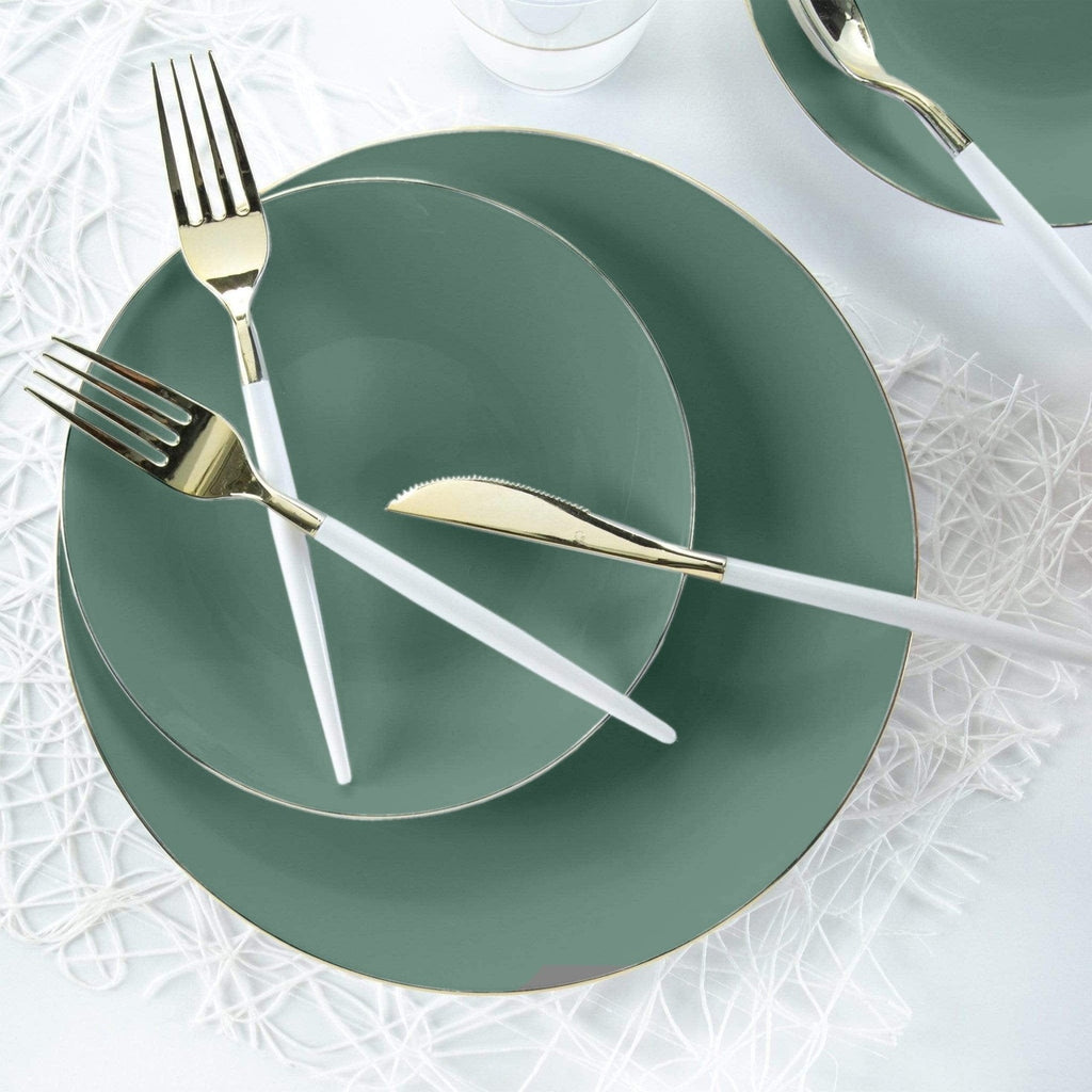 Green and gold dinner plates with white gold cutlery elegant table setting from Parte Haus party supply store in Bethesda MD