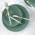 Green and gold dinner plates with white gold cutlery elegant table setting from Parte Haus party supply store in Bethesda MD