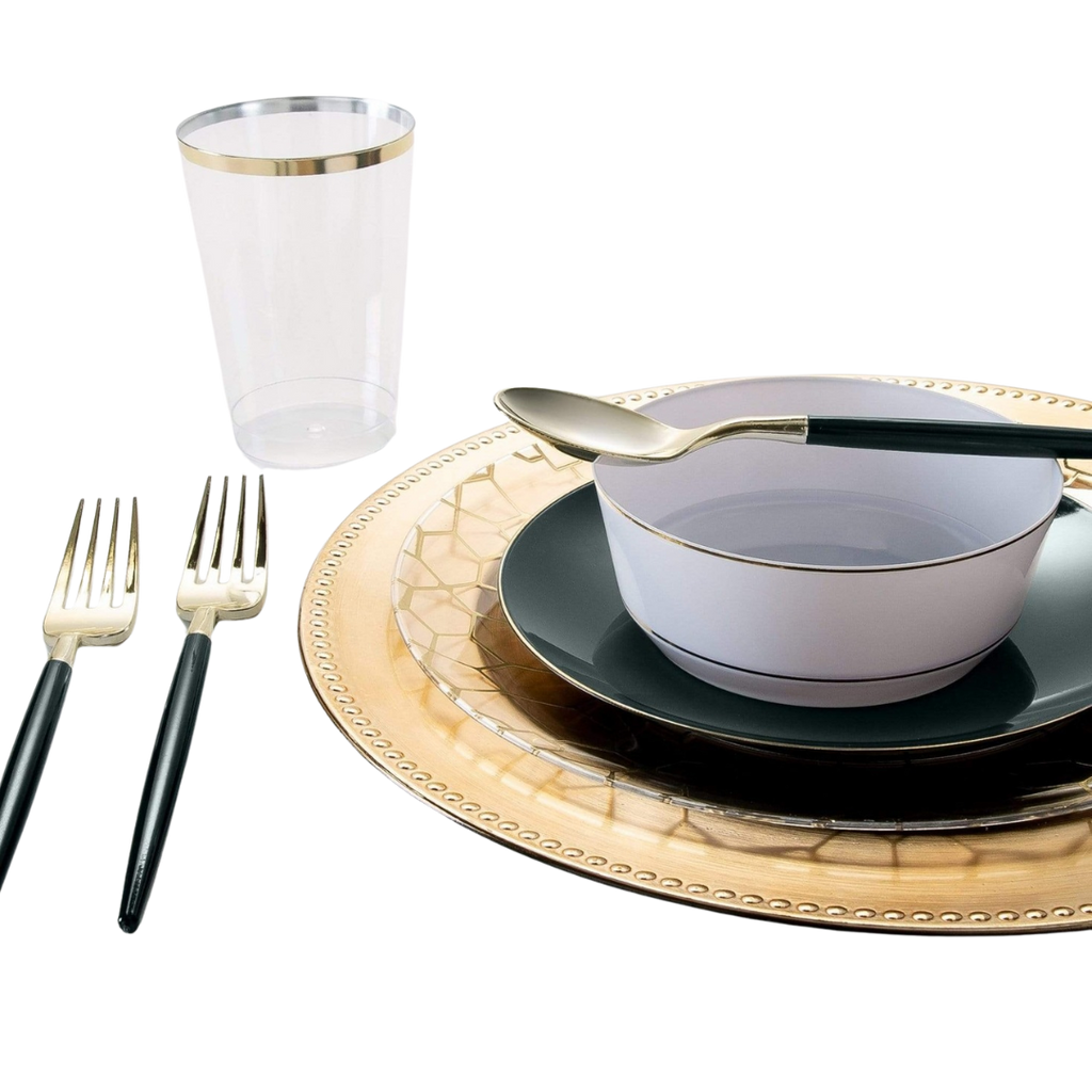 Gold and black dinnerware set with clear gold rim cup elegant tableware for celebrations from Parte Haus party supply store in Bethesda MD.