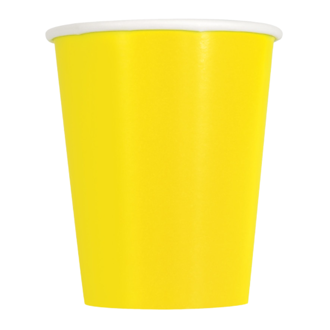 Yellow paper cup with white rim classic tableware for birthday celebration from Parte Haus party supply store in Bethesda MD