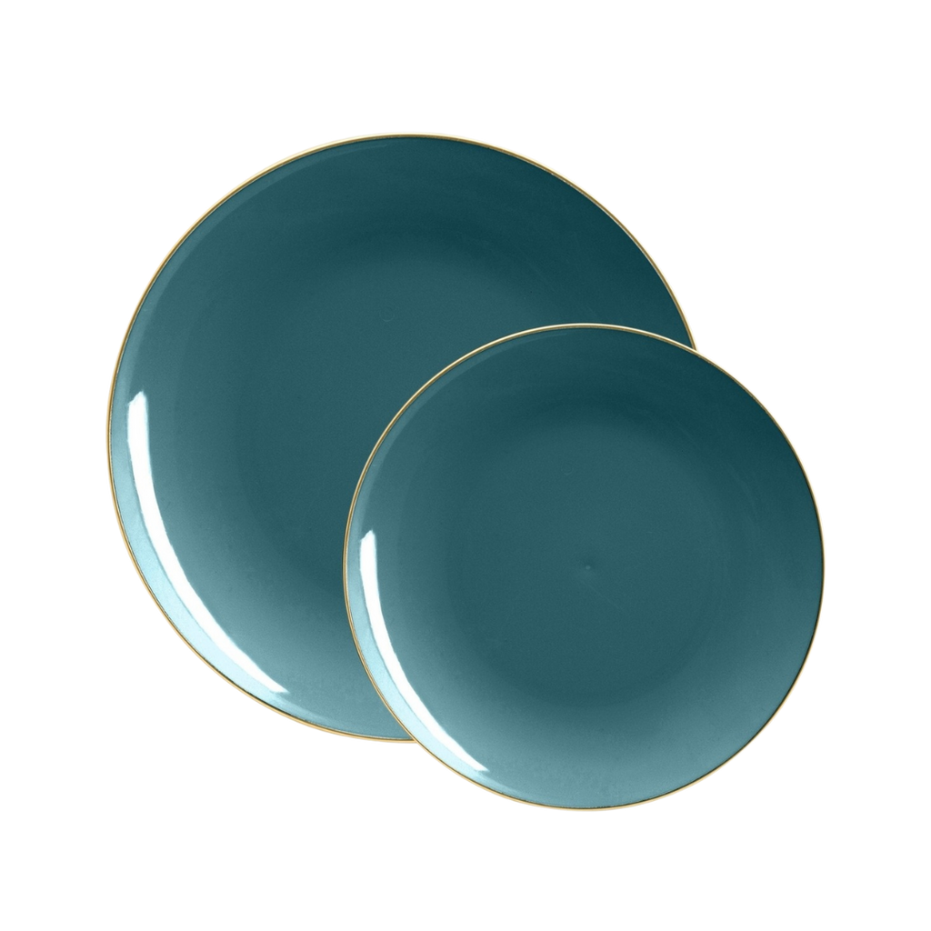 Teal blue plate set with gold rim elegant dinnerware for celebrations from Parte Haus party supply store in Bethesda MD