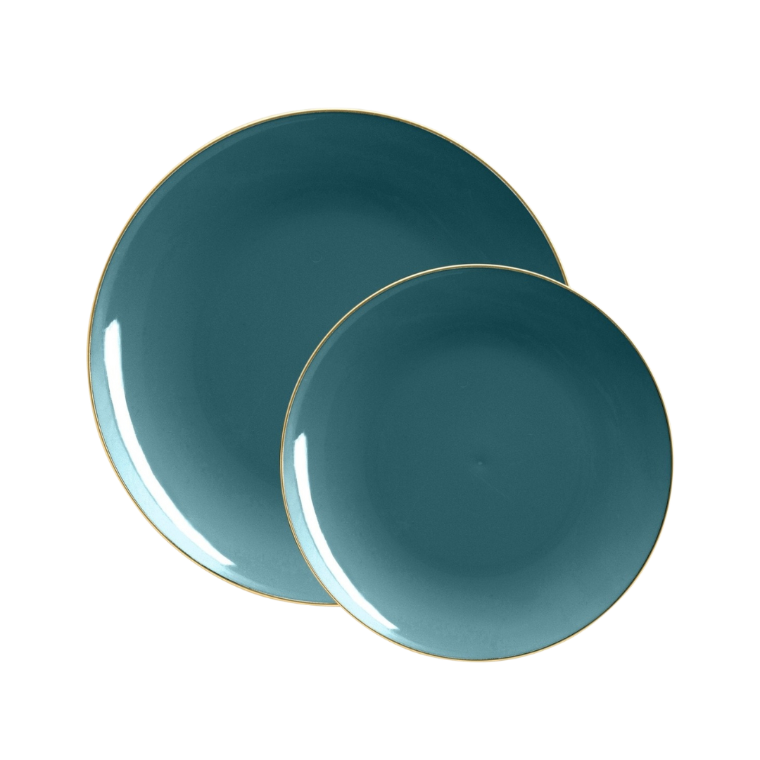 Teal blue plate set with gold rim elegant dinnerware for celebrations from Parte Haus party supply store in Bethesda MD