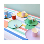 Pastel rainbow plates and cups with striped tablecloth kids birthday decor from Parte Haus party supply store in Bethesda MD