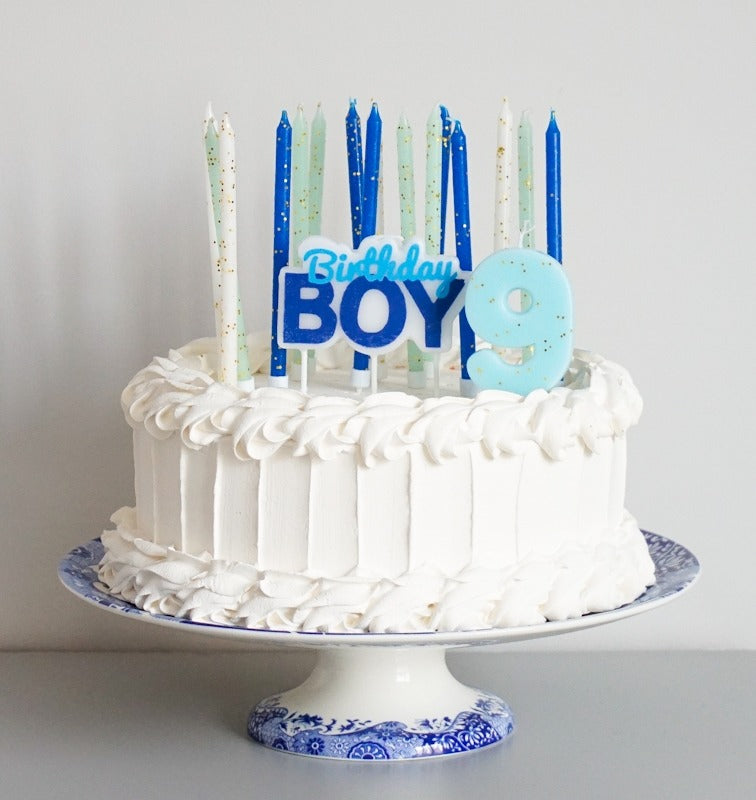 Blue and white birthday cake candles on a white frosted cake for boy birthday from Parte Haus party supply store in Bethesda MD.
