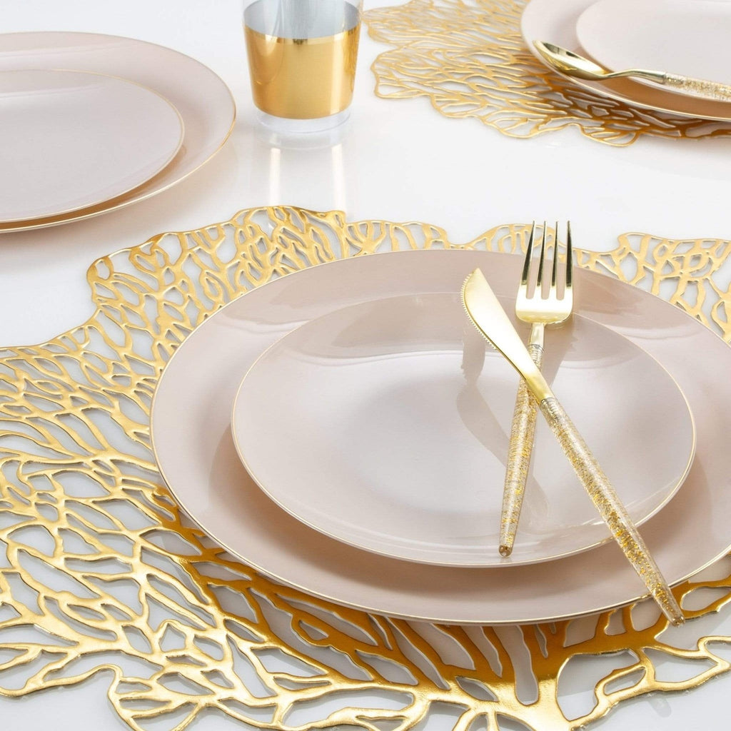 Gold and beige tableware set with gold utensils elegant table setting for weddings from Parte Haus party supply store in Bethesda Maryland