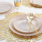 Gold and beige tableware set with gold utensils elegant table setting for weddings from Parte Haus party supply store in Bethesda Maryland