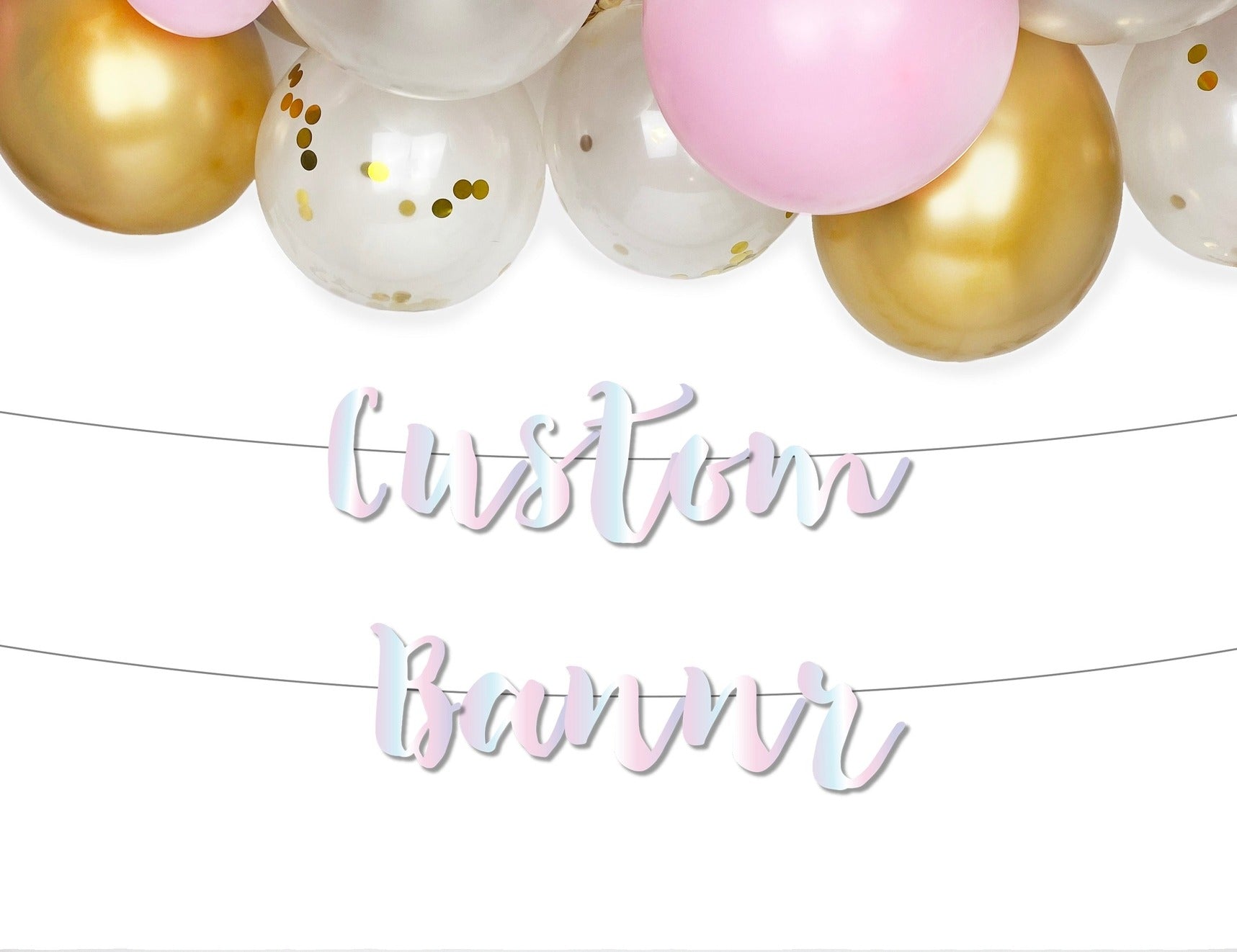 Pink white and gold balloon garland with custom pastel banner birthday from Parte Haus party supply store in Bethesda MD