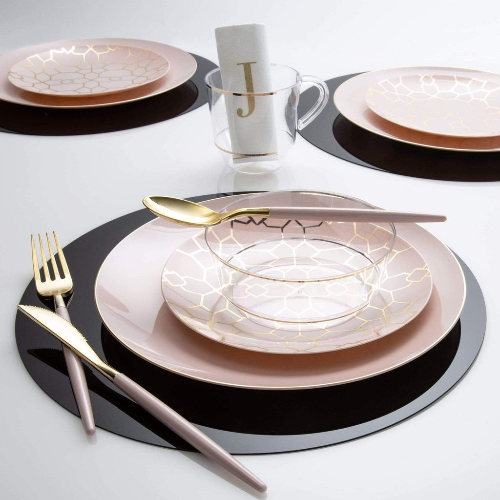 Blush pink and gold geometric dinnerware set elegant table setting from Parte Haus party supply store in Bethesda Maryland