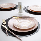 Blush pink and gold geometric dinnerware set elegant table setting from Parte Haus party supply store in Bethesda Maryland