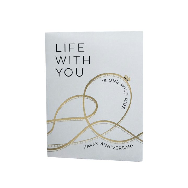 White and gold anniversary greeting card with roller coaster design Happy Anniversary theme from Parte Haus party supply store in Bethesda Maryland
