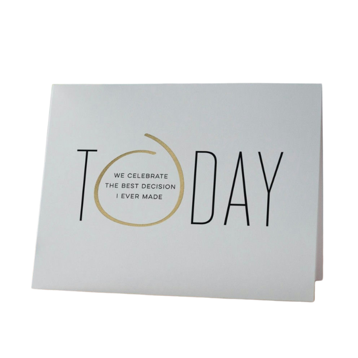 White and gold greeting card with today message for celebration from Parte Haus party supply store in Bethesda Maryland