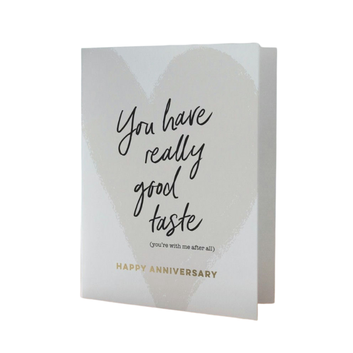 White anniversary card with gold heart design and handwritten style text romantic theme from Parte Haus party supply store in Bethesda Maryland
