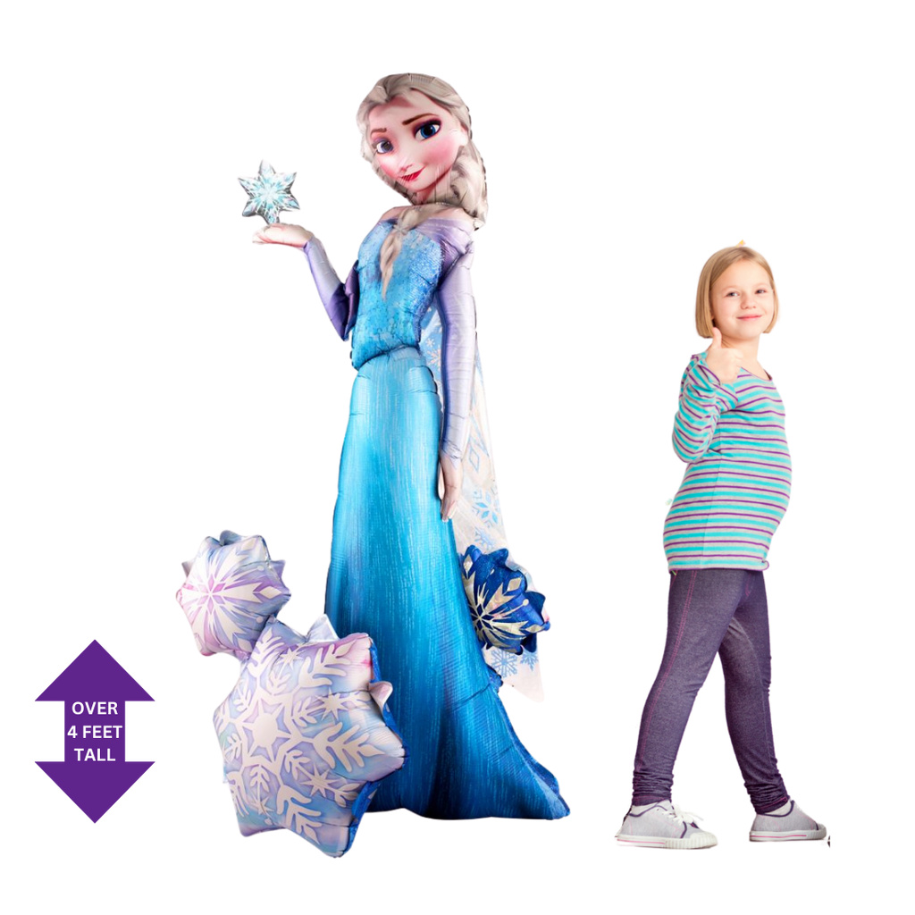 Blue Elsa balloon with snowflake designs for Frozen birthday theme from Parte Haus party supply store in Bethesda MD