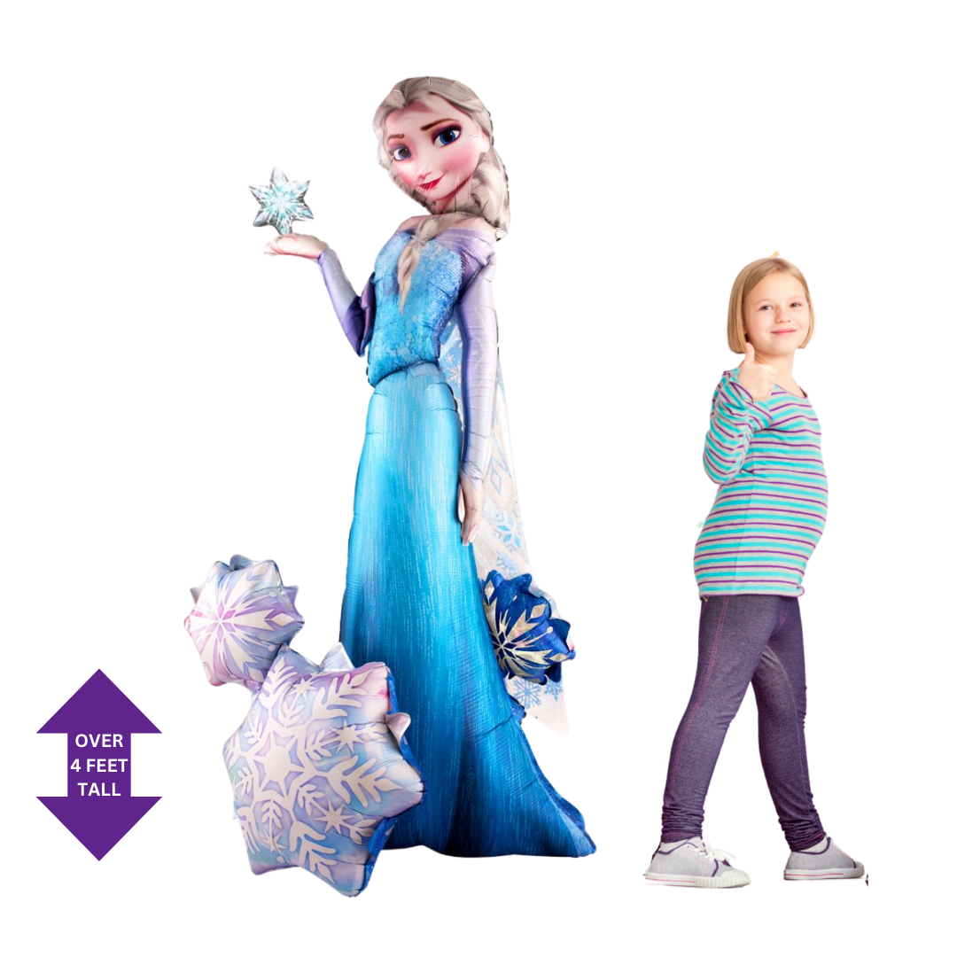 Blue Elsa balloon with snowflake designs for Frozen birthday theme from Parte Haus party supply store in Bethesda MD
