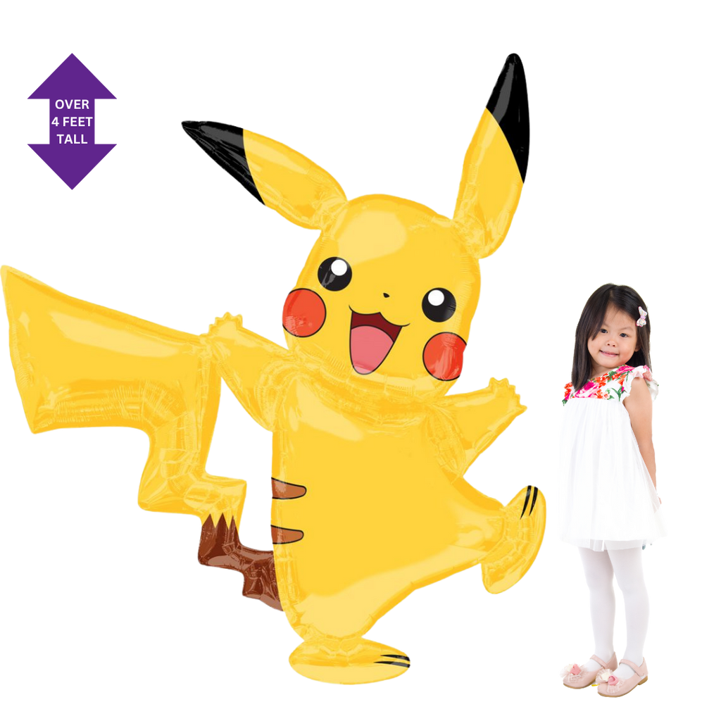 Yellow Pikachu balloon over four feet tall next to smiling child birthday theme from Parte Haus party supply store in Bethesda MD