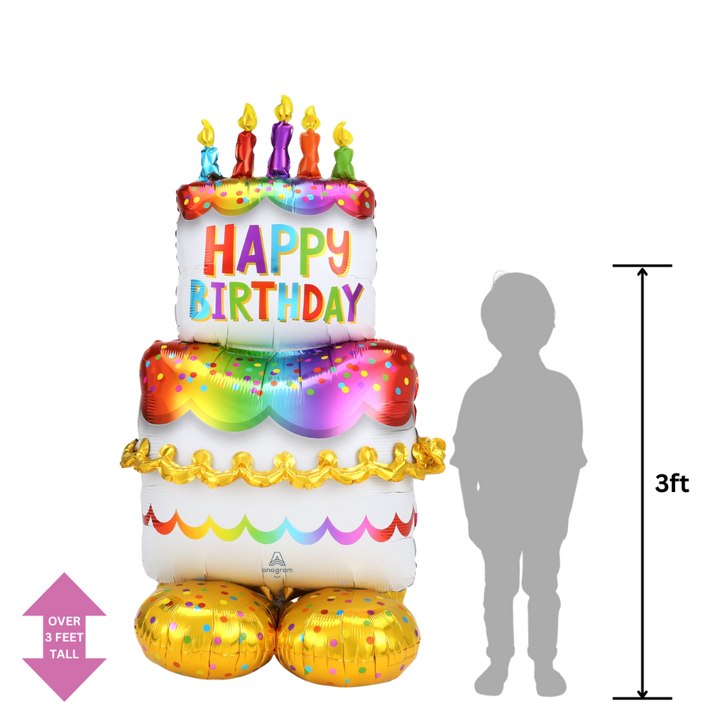 Rainbow birthday cake foil balloon with candles for birthday celebration from Parte Haus party supply store in Bethesda MD