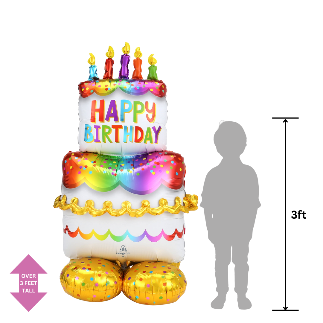 Rainbow birthday cake foil balloon with candles for birthday celebration from Parte Haus party supply store in Bethesda MD
