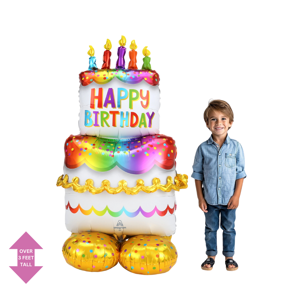 Rainbow birthday cake foil balloon with candles for birthday theme from Parte Haus party supply store in Bethesda Maryland