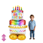 Rainbow birthday cake foil balloon with candles for birthday theme from Parte Haus party supply store in Bethesda Maryland