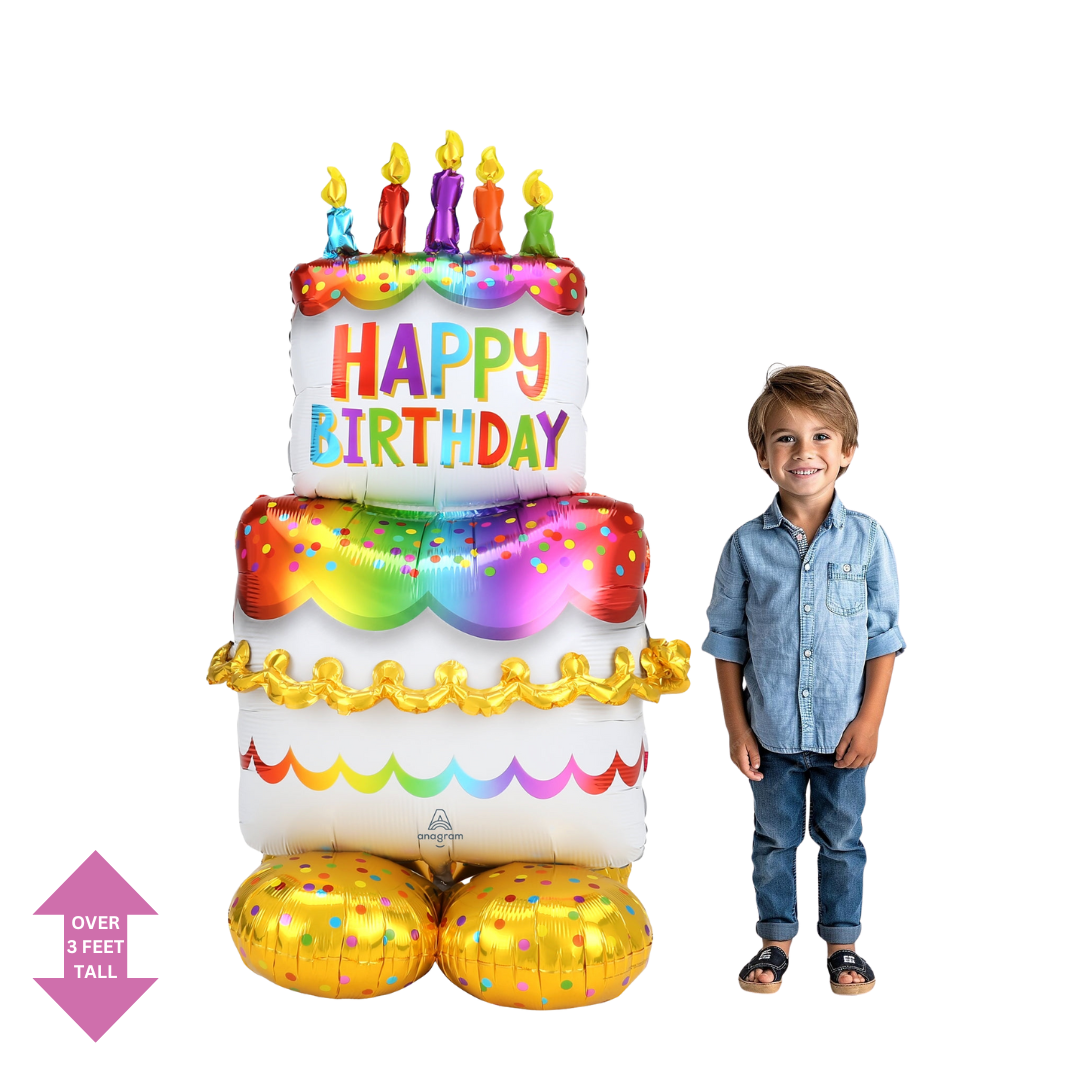 Rainbow birthday cake foil balloon with candles for birthday theme from Parte Haus party supply store in Bethesda Maryland