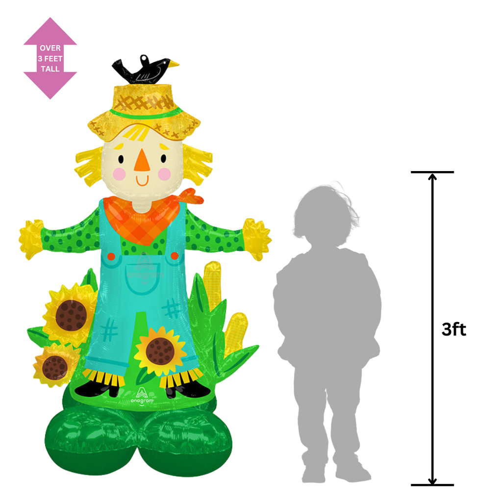 Colorful scarecrow inflatable balloon with sunflowers for fall harvest from Parte Haus party supply store in Bethesda Maryland