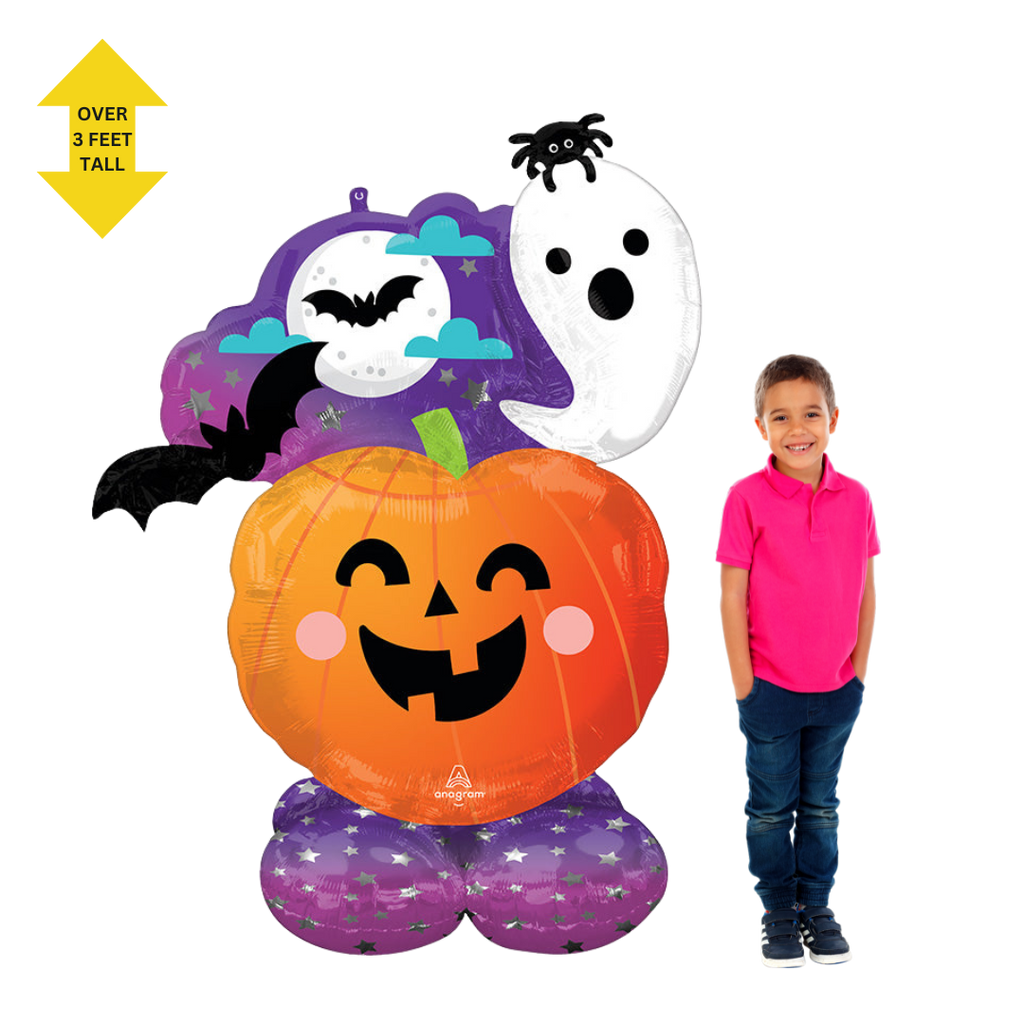 Orange and purple Halloween inflatable balloon with pumpkin ghost bats from Parte Haus party supply store in Bethesda MD