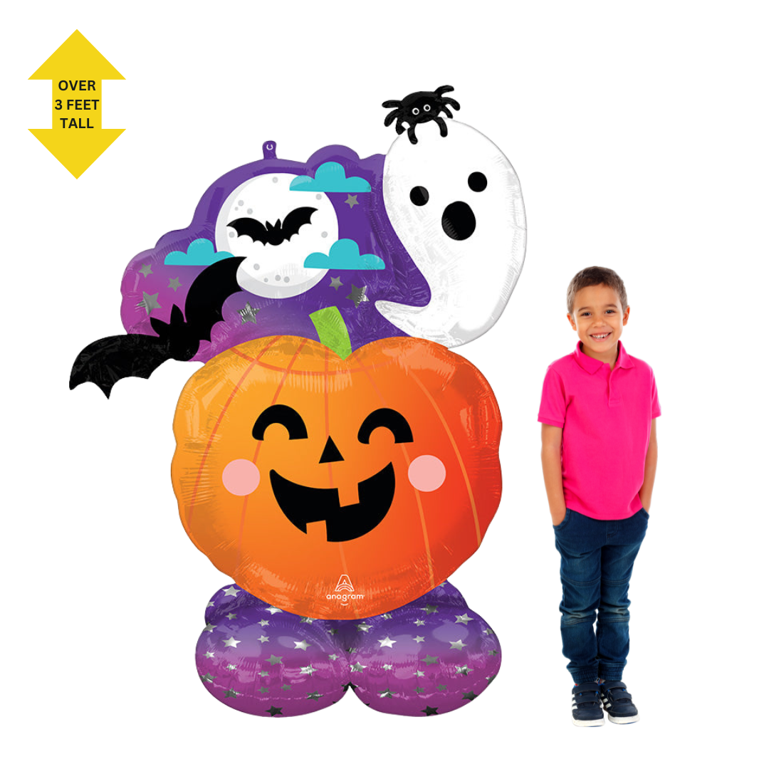 Orange and purple Halloween inflatable balloon with pumpkin ghost bats from Parte Haus party supply store in Bethesda MD