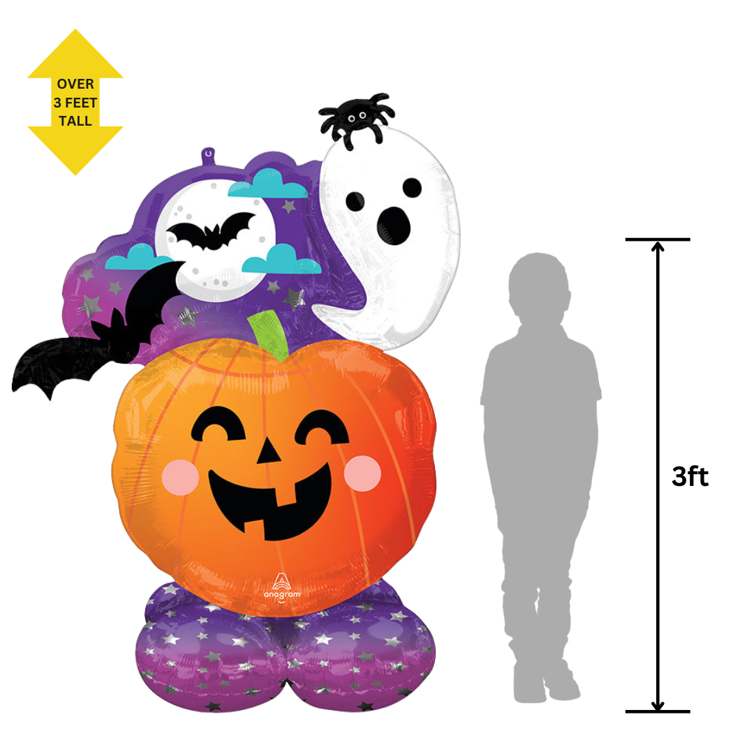 Orange purple Halloween inflatable balloon with pumpkin ghost and bat from Parte Haus party supply store in Bethesda MD