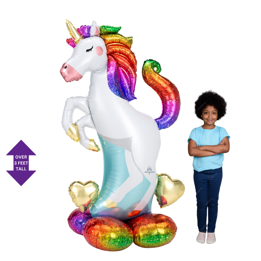 Rainbow unicorn inflatable balloon for birthday from Parte Haus party supply store in Bethesda Maryland