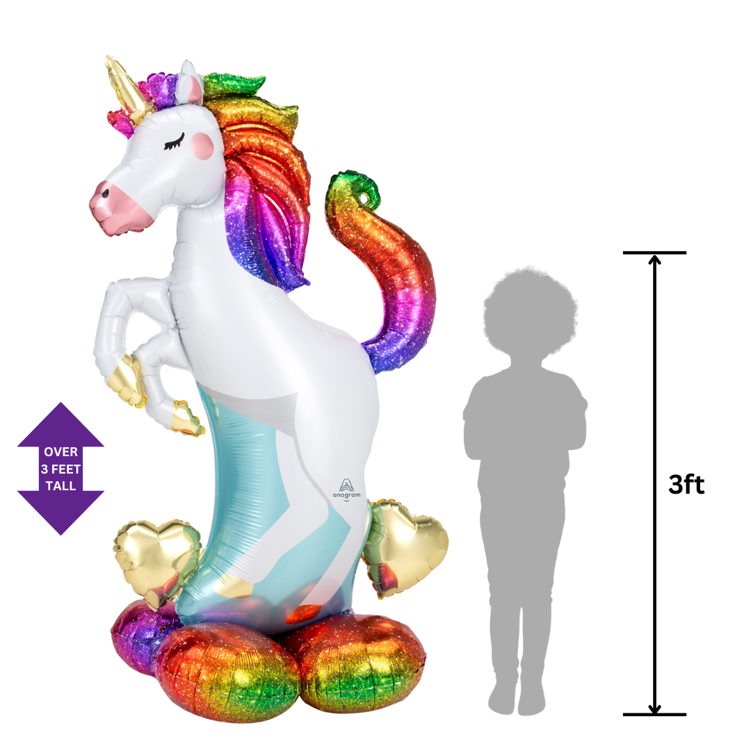 Rainbow unicorn foil balloon with gold horn birthday theme from Parte Haus party supply store in Bethesda MD