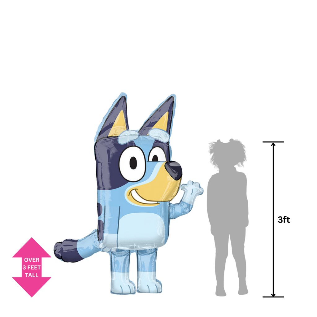 Blue Bluey foil balloon shaped like a cartoon dog for birthday parties from Parte Haus party supply store in Bethesda MD