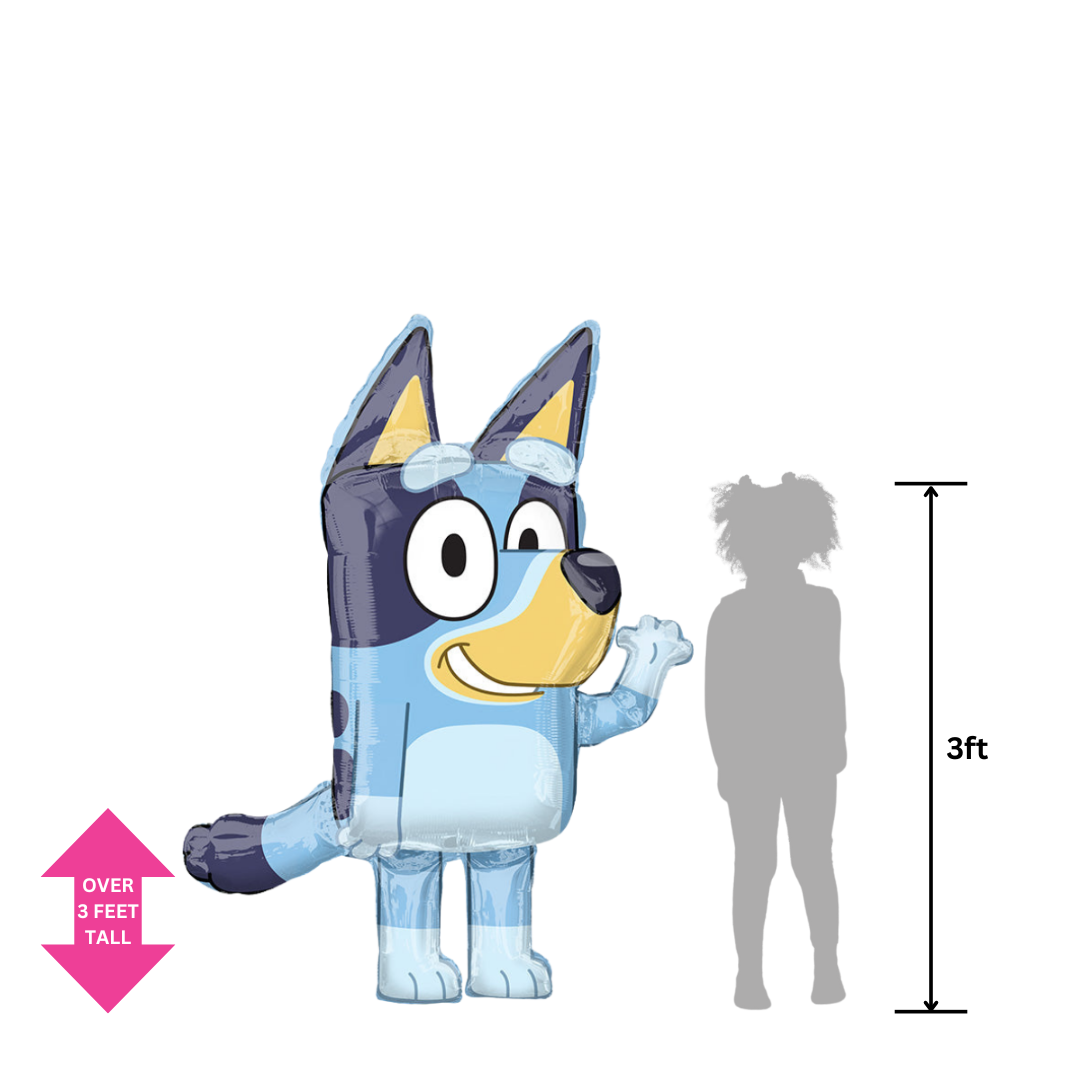 Blue Bluey foil balloon shaped like a cartoon dog for birthday parties from Parte Haus party supply store in Bethesda MD