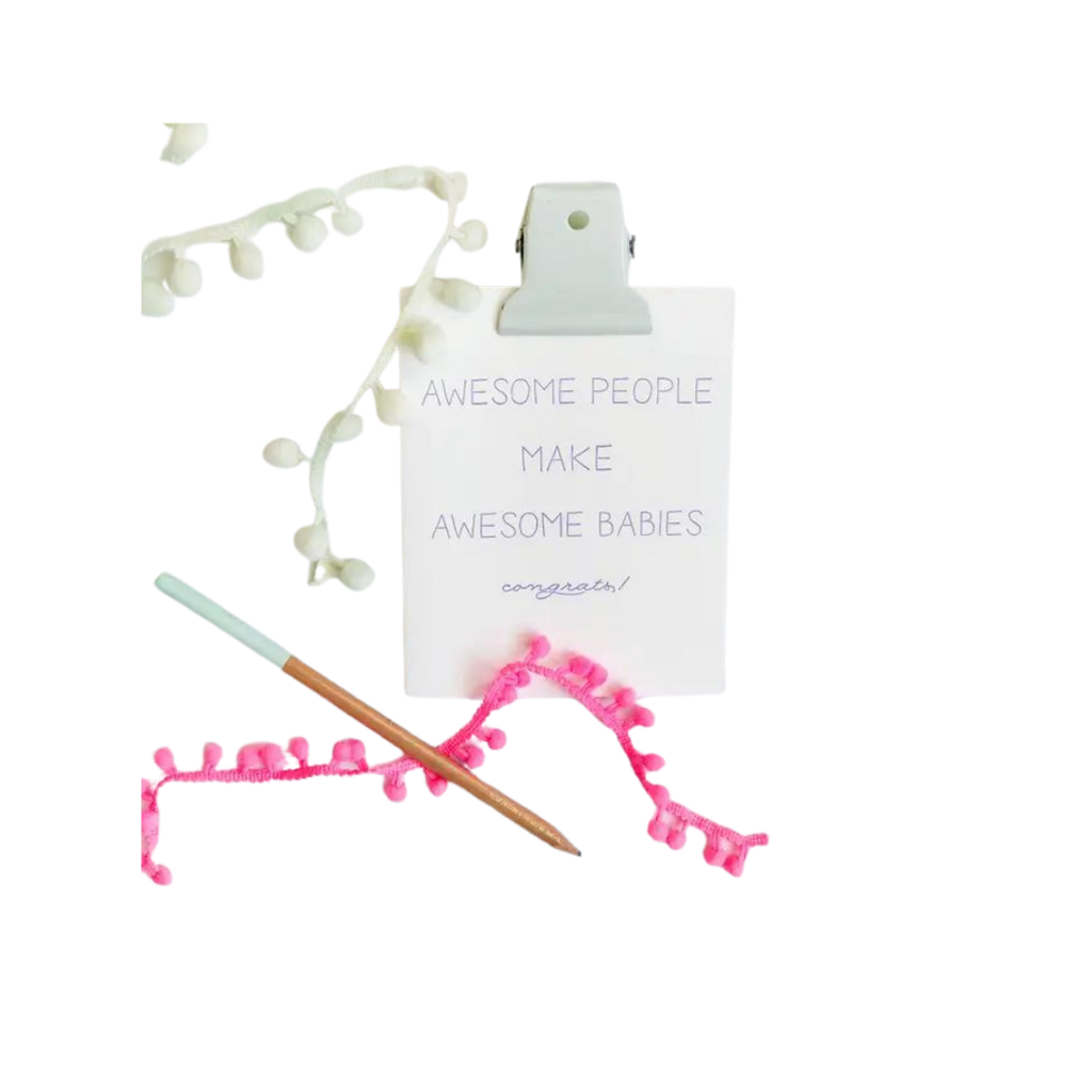 White letterpress new baby parents congrats card with pen and decorations baby shower theme from Parte Haus party supply store in Bethesda Maryland