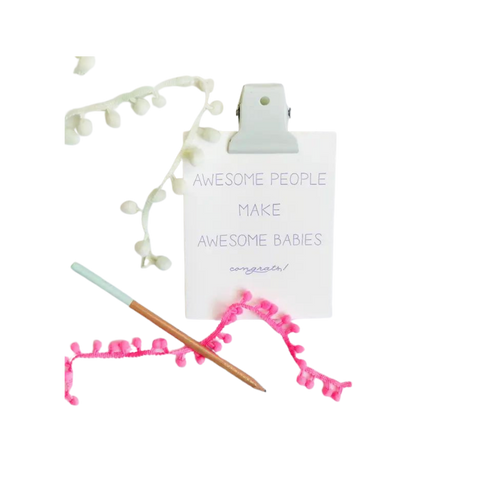 White letterpress new baby parents congrats card with pen and decorations baby shower theme from Parte Haus party supply store in Bethesda Maryland