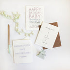 White letterpress new baby congratulation cards with handwritten messages baby shower theme from Parte Haus party supply store in Bethesda Maryland