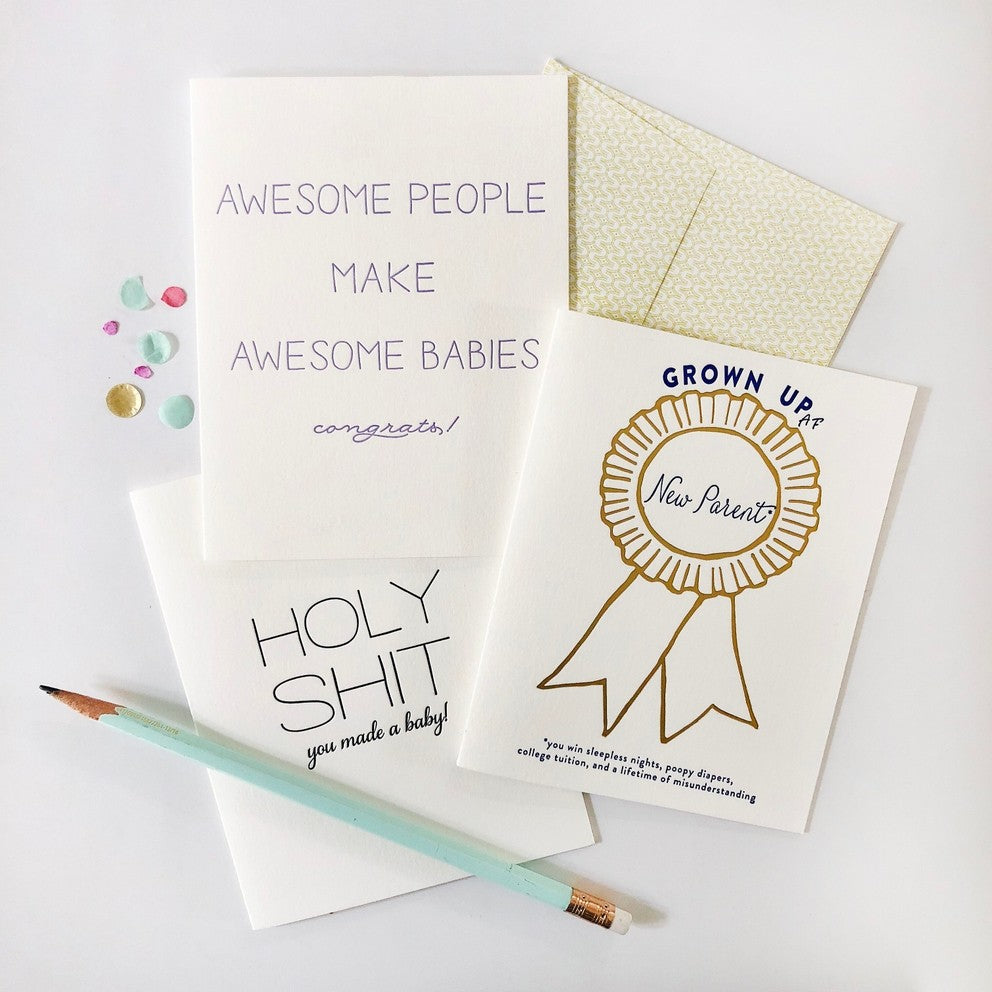 White and gold letterpress new baby congrats cards funny text modern design for new parents from Parte Haus party supply store in Bethesda Maryland
