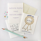 White and gold letterpress new baby congrats cards funny text modern design for new parents from Parte Haus party supply store in Bethesda Maryland