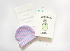 Pink and blue striped baby hat with cute new baby congrats cards newborn theme from Parte Haus party supply store in Bethesda MD.