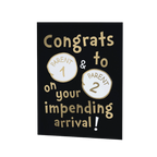 Black and gold congratulations card for new parents baby shower theme from Parte Haus party supply store in Bethesda Maryland.
