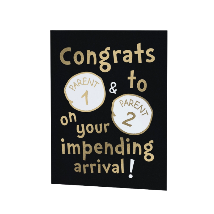 Black and gold congratulations card for new parents baby shower theme from Parte Haus party supply store in Bethesda Maryland.