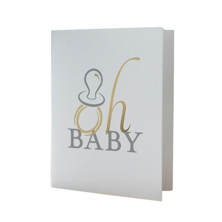 White oh baby card with gold and grey pacifier for baby shower from Parte Haus party supply store in Bethesda Maryland