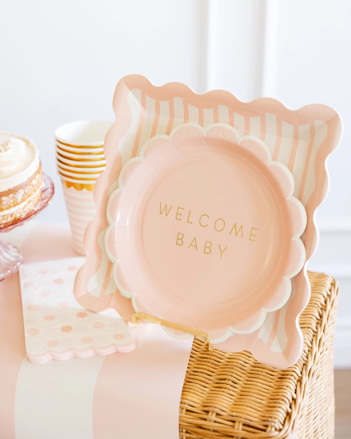 Pink Striped Square Scalloped Large Dinner Plate