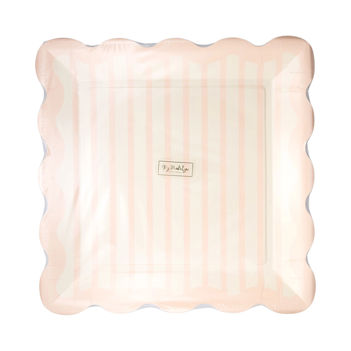 Pink Striped Square Scalloped Large Dinner Plate