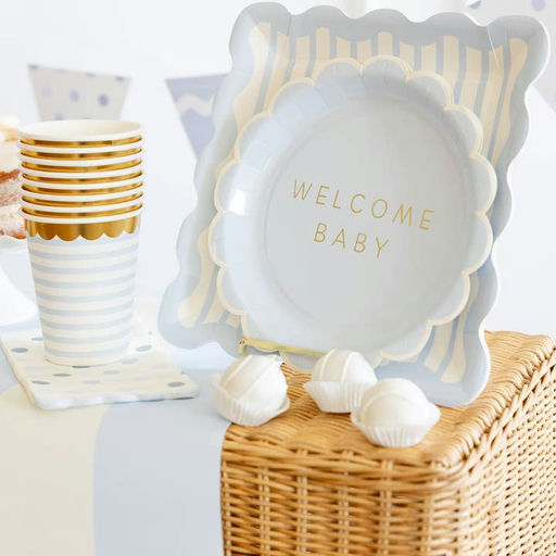 Blue Striped Scalloped Square Large Dinner Plates