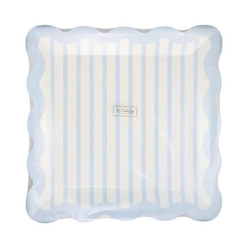 Blue Striped Scalloped Square Large Dinner Plates