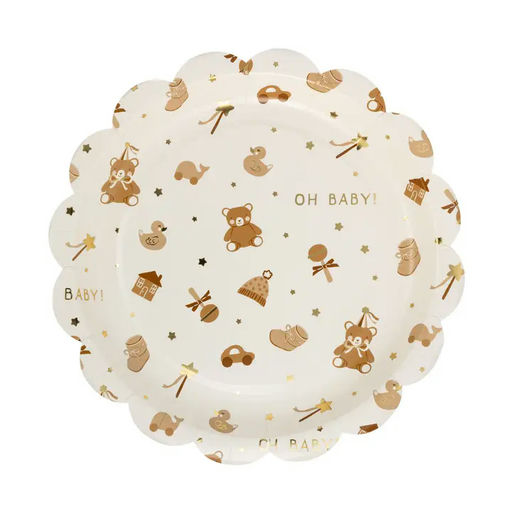 Brown and White Teddy Bear "Oh Baby" Pattern Scalloped Large Dinner Plates