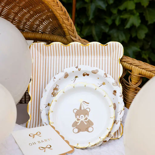 Brown and White Teddy Bear "Oh Baby" Pattern Scalloped Large Dinner Plates