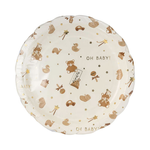 Brown and White Teddy Bear "Oh Baby" Pattern Scalloped Large Dinner Plates