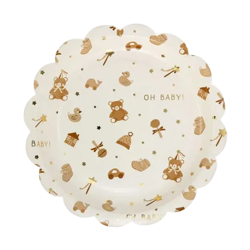 Brown and White Teddy Bear "Oh Baby" Pattern Scalloped Large Dinner Plates